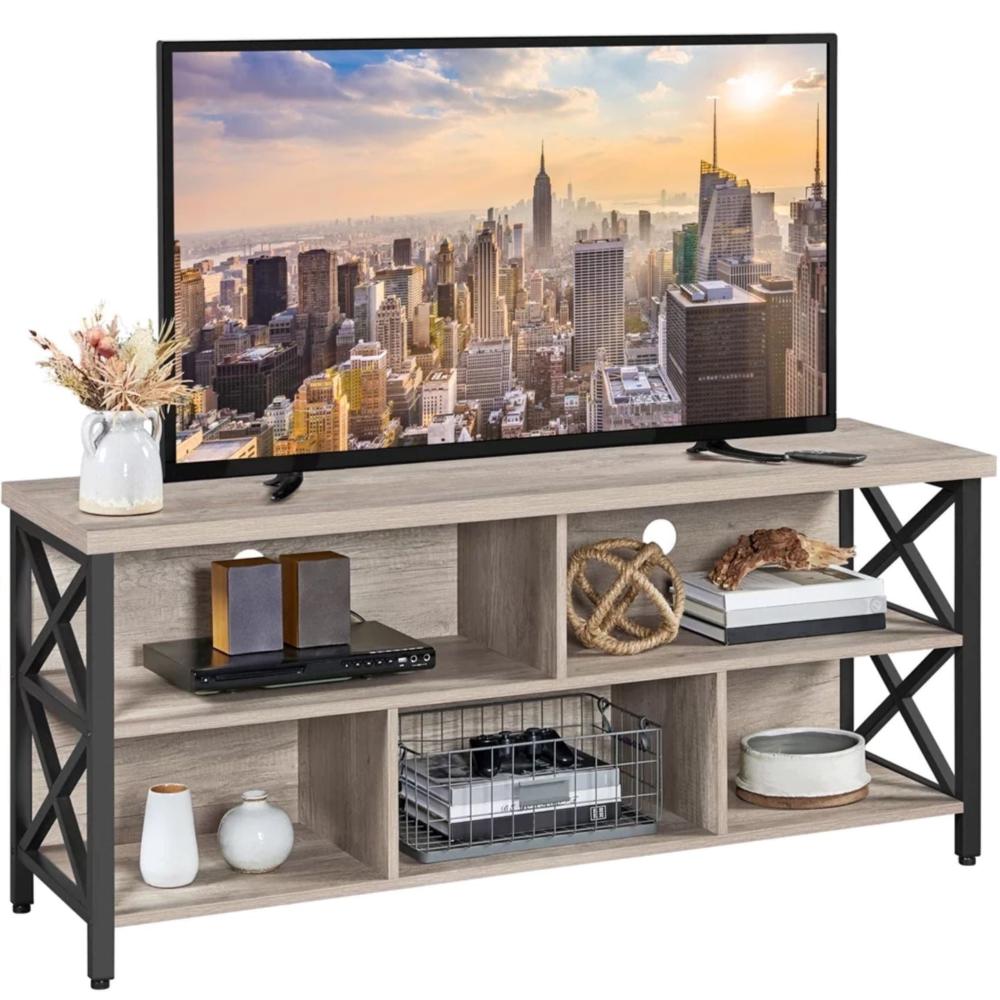Modern Industrial TV Stand for TVs up to 65 Inch with Storage, Rock Gray