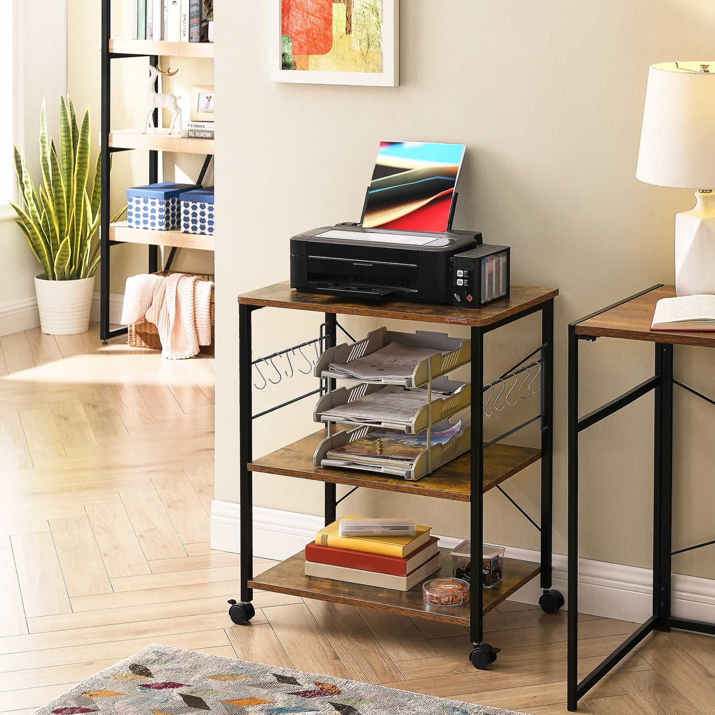 JOZ 3-Tier Kitchen Utility Serving Cart, Multifunction Microwave Oven Stand, Baker's Rack with Storage Shelf and 10 Hooks, Black/Rustic Brown