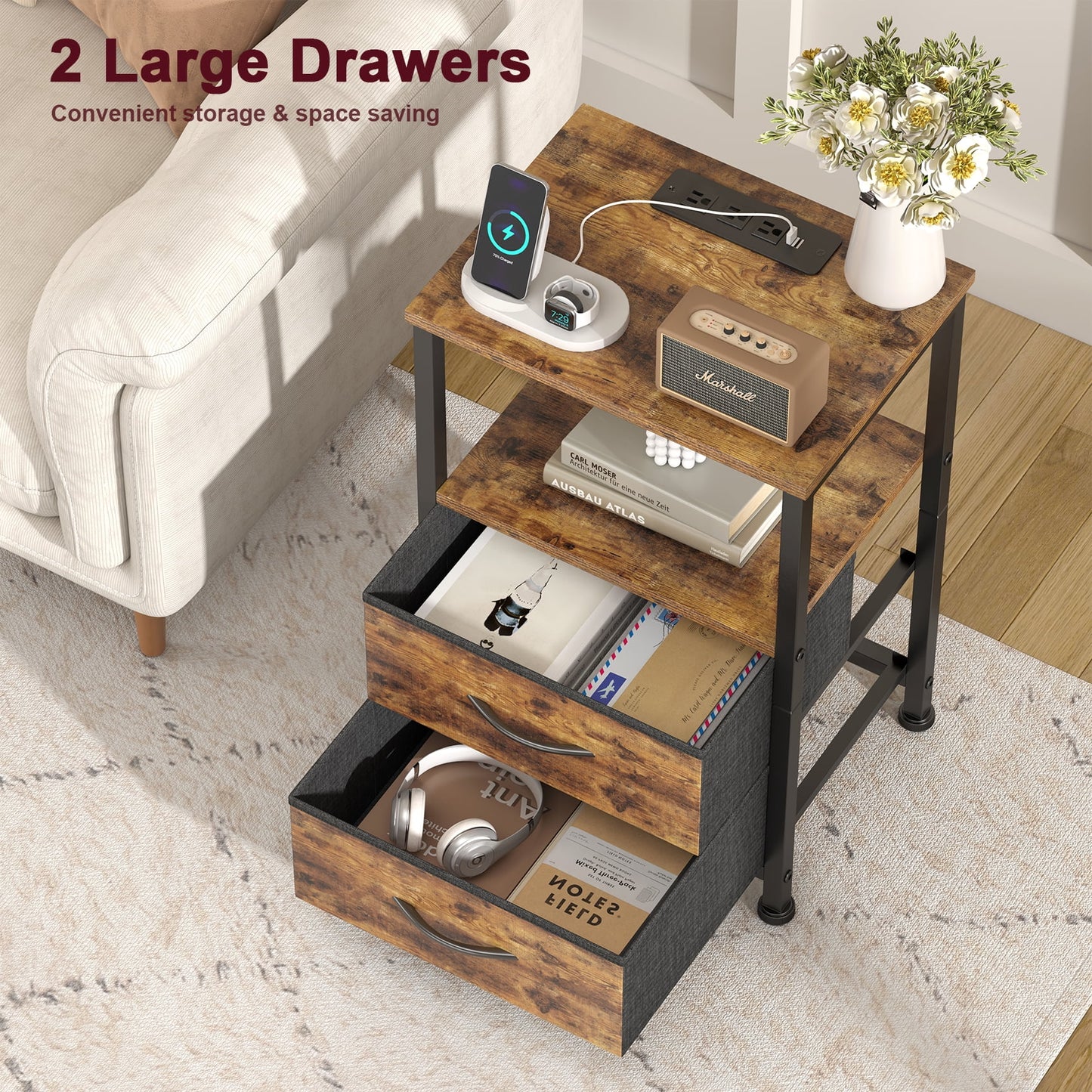 JOZ Nightstand with Charging Station, End Table with Cloth Drawer, Side Table with LED Light, Rustic Brown
