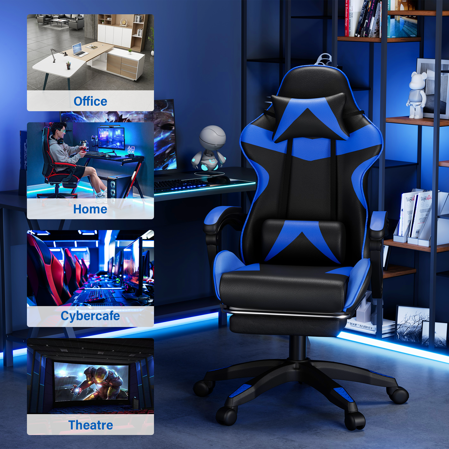 JOZ Office Gaming Chair with Footrest & Lumbar Support, Ergonomic Adjustable Computer Chair with Swivel Seat & Headrest, Blue/Red