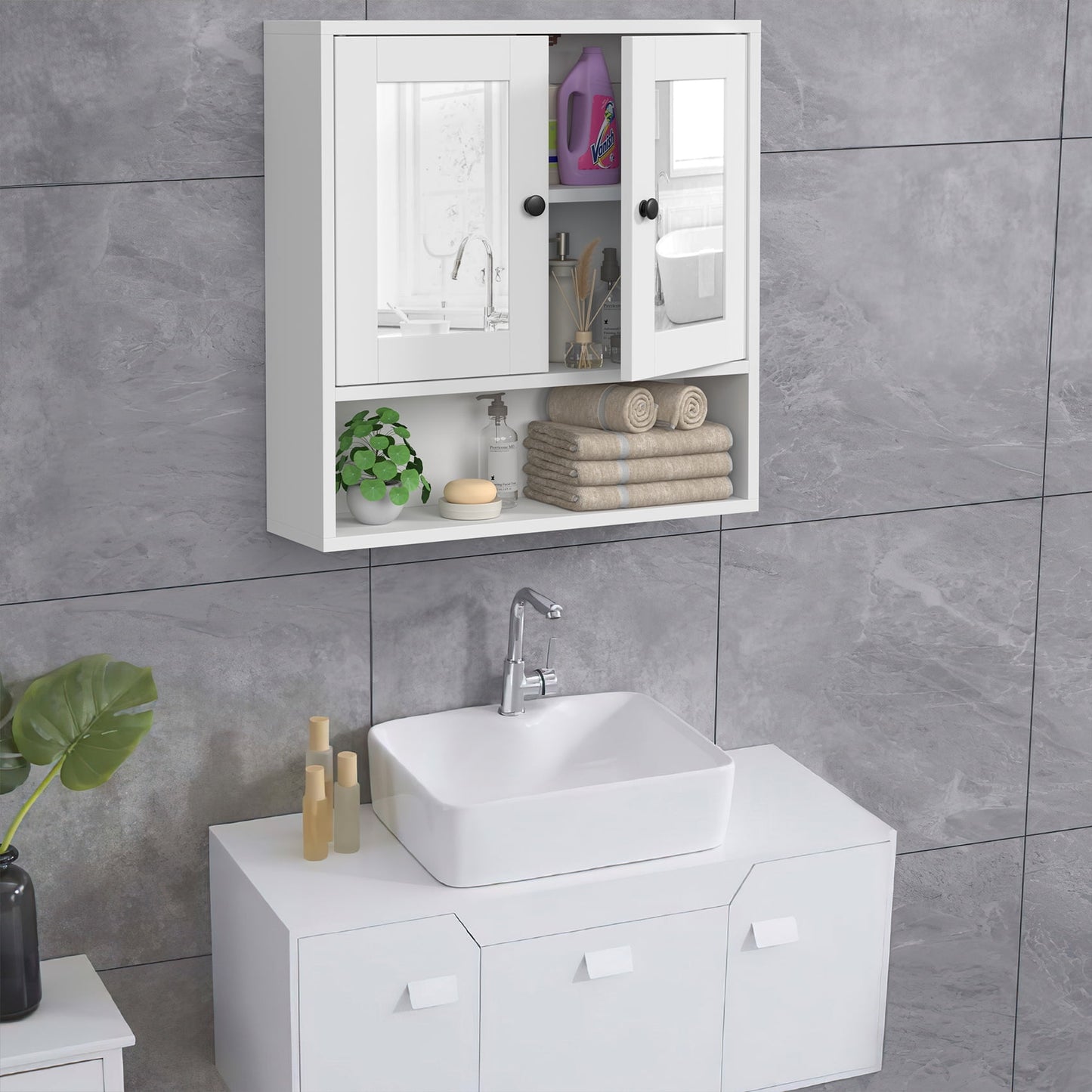 JOZ Wooden Bathroom Wall Cabinet with 2 Mirror Door and 3 Shelves, Kitchen Medicine Cabinet, White