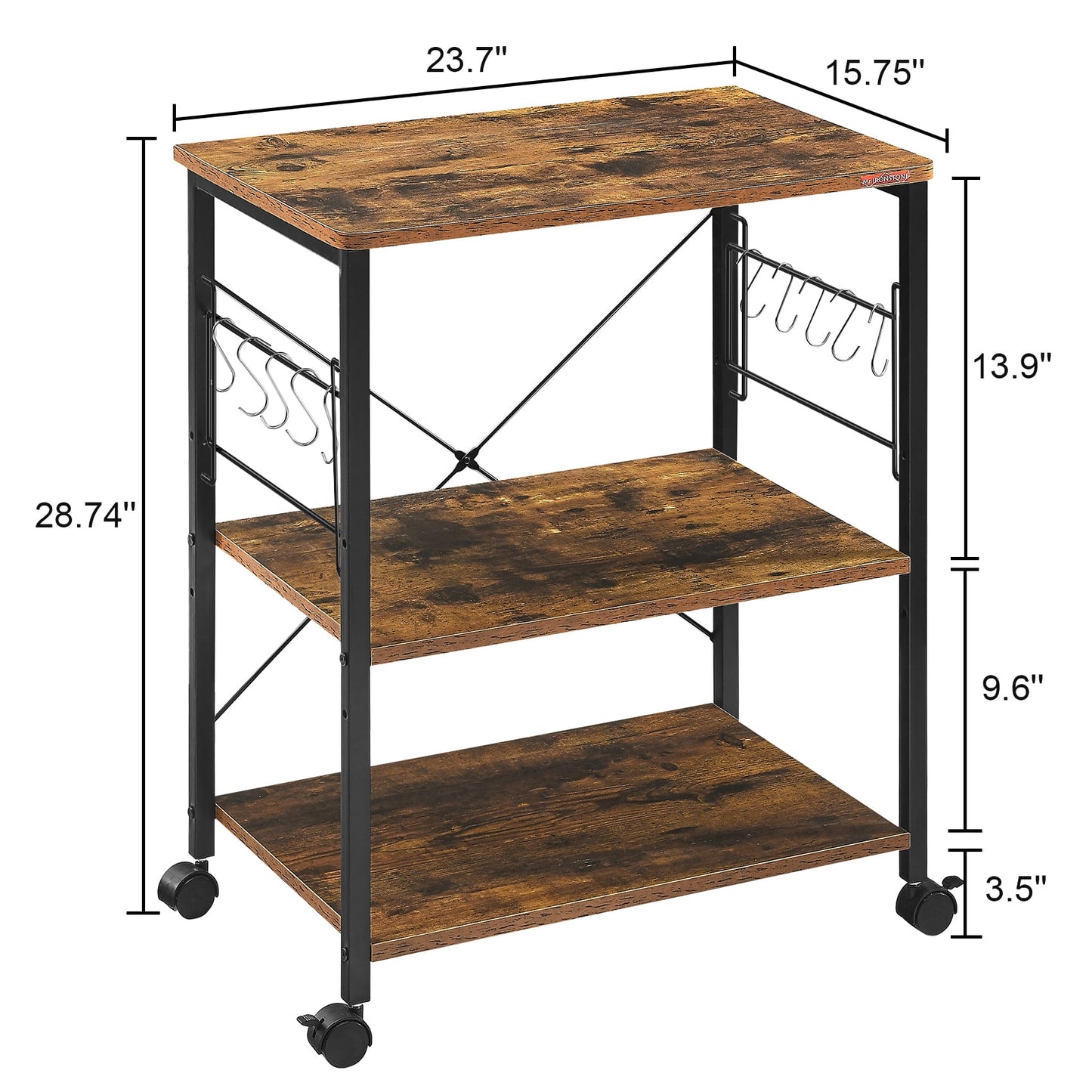 JOZ 3-Tier Kitchen Utility Serving Cart, Multifunction Microwave Oven Stand, Baker's Rack with Storage Shelf and 10 Hooks, Black/Rustic Brown