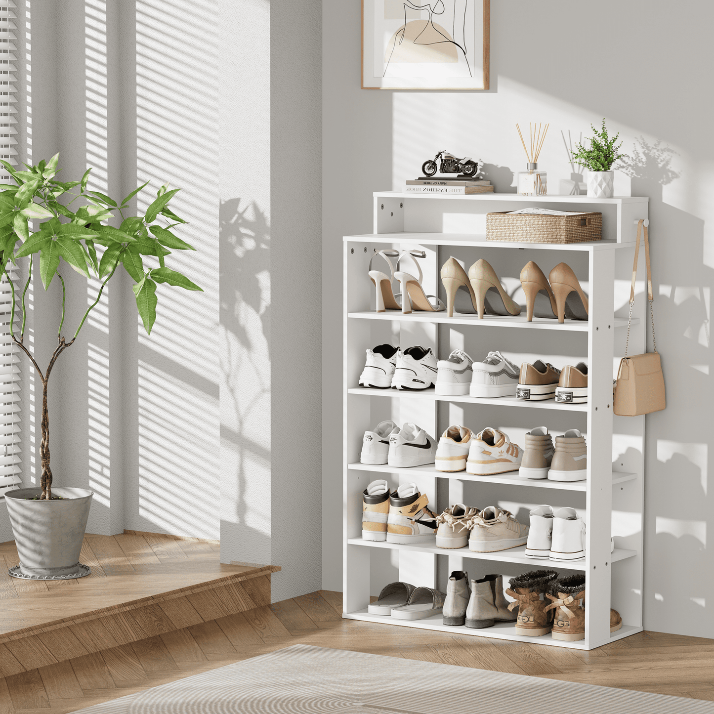 JOZ 5-Tier Wooden Shoe Rack Organizer, with 2-Tier Top Storage Shelves and 2 Side hooks, for Entryway Hallway Living Room, White