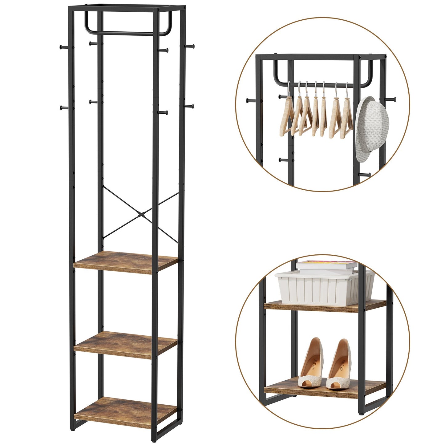 JOZ Coat Rack with Shelves, Freestanding Hall Tree with 3 Shelves and 8 Hooks, Industrial Clothes Stand for Entryway, Hallway, Bedroom, Rustic Brown