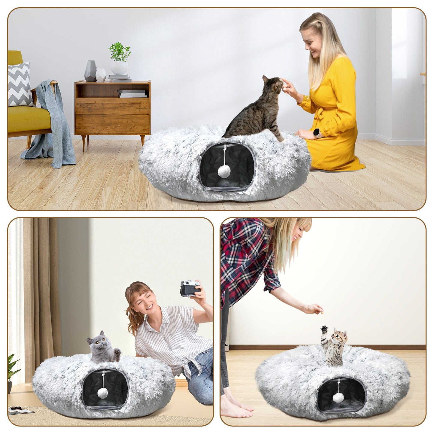 JOZ Cat Tunnel with Cat Bed Indoor, Soft Plush Peekaboo Cat Cave Donut Tunnel, Multifunctional Cat Playground Toys Hideplace, Gray