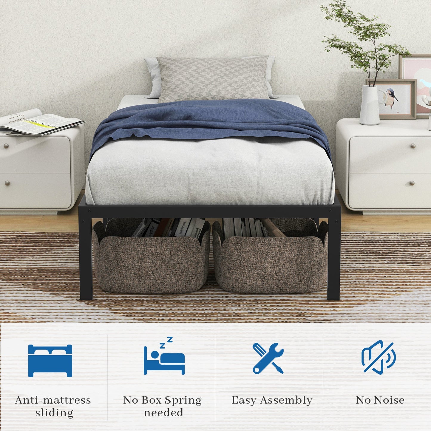 Mr IRONSTONE Twin Bed Frame, Heavy Duty Twin Size Metal Platform Bed Frame, 14" High with Storage, No Box Spring Needed, Black