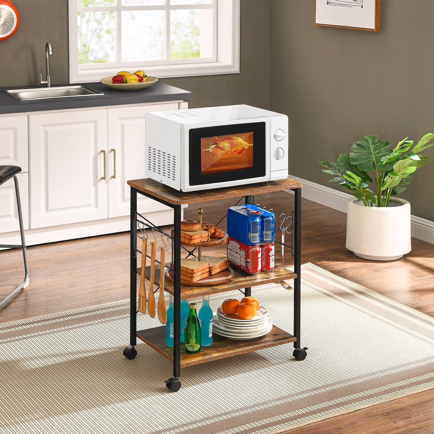 JOZ 3-Tier Kitchen Utility Serving Cart, Multifunction Microwave Oven Stand, Baker's Rack with Storage Shelf and 10 Hooks, Black/Rustic Brown