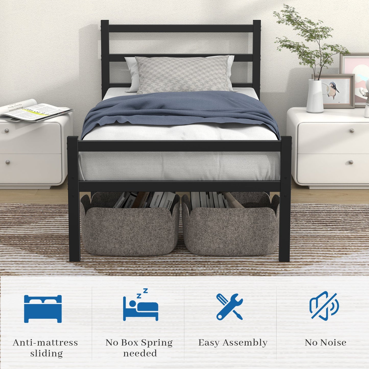 Mr IRONSTONE Twin Bed Frame, 14" High Twin Size Metal Platform Bed Frame with Headboard and Footboard with Storage, No Box Spring Needed, Black