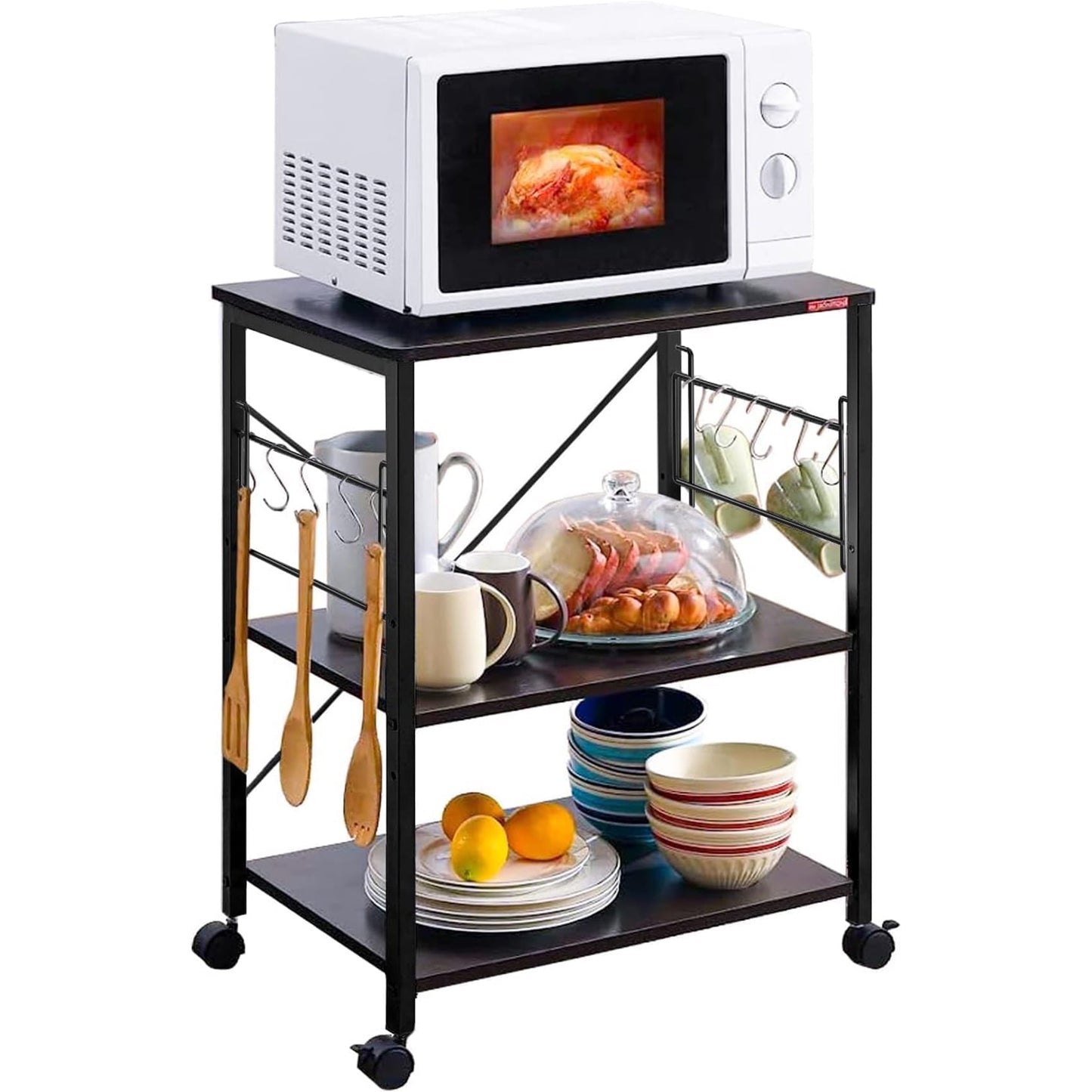 JOZ 3-Tier Kitchen Utility Serving Cart, Multifunction Microwave Oven Stand, Baker's Rack with Storage Shelf and 10 Hooks, Black/Rustic Brown