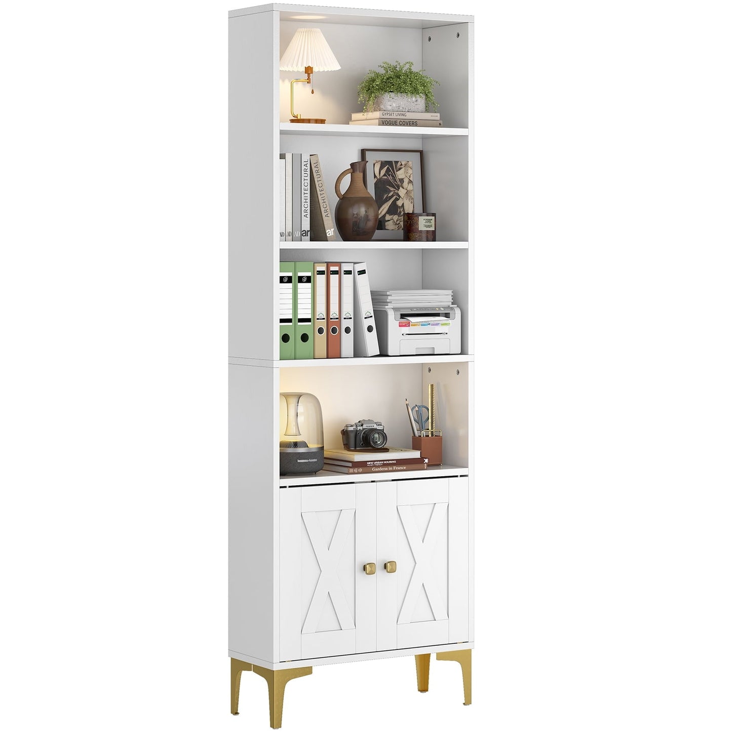 JOZ Traditional 6-Shelf Bookcase with Doors ¨C Floor Standing Storage for Home Office & Living Room