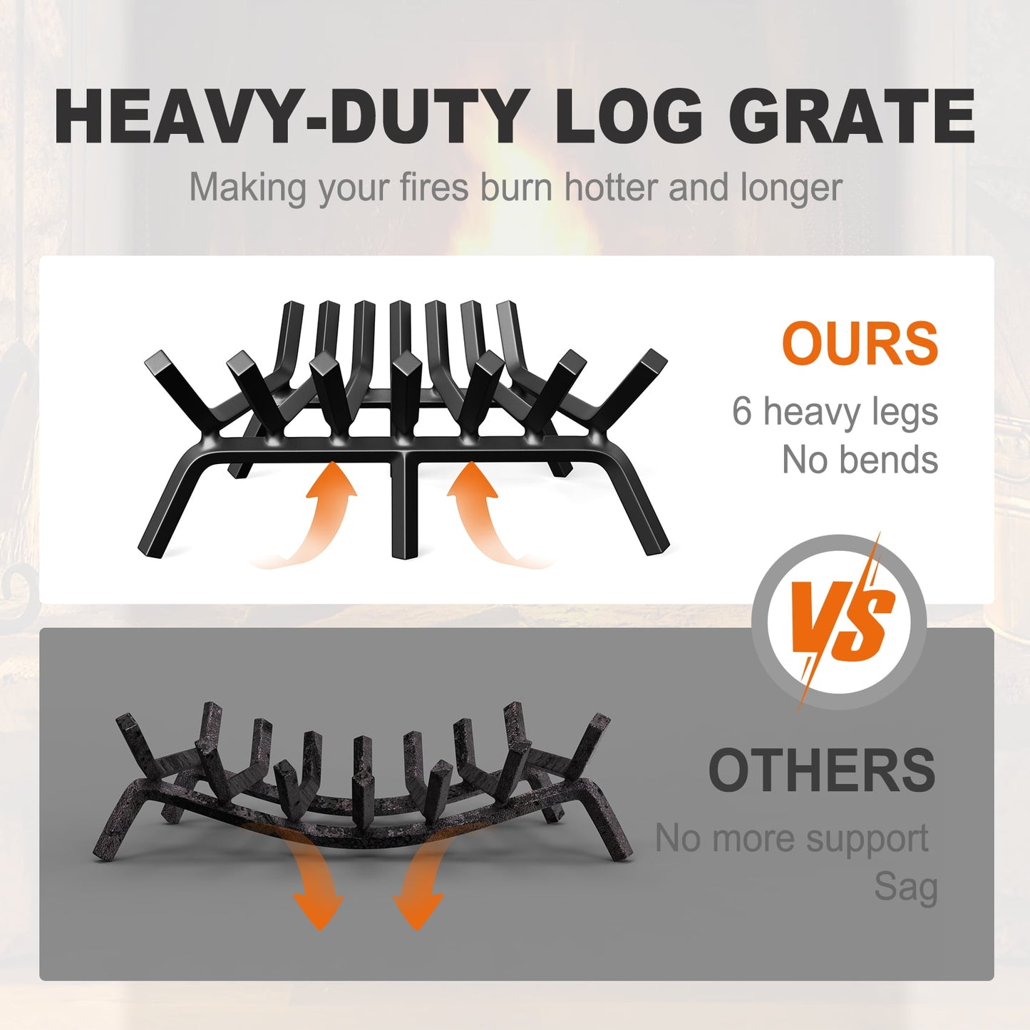 JOZ Fireplace Grate 21/24 inch Solid Steel Heavy Duty Firewood Log Burning Rack 3/4" Bar Fire Grates for Outdoor Kindling Tools Pit Indoor Fireplace Log Holder Wrought Iron Wood Stove