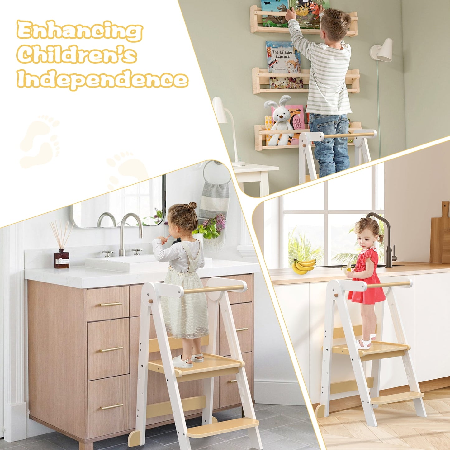 JOZ Kitchen Toddlers Step Stool, Montessori Kids Learning Stool, Foldable Toddler Tower for Counter, Standing Helper for Children, 3 Adjustable Heights, Wooden, White