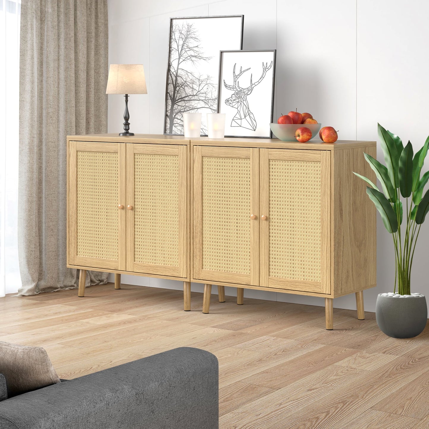 JOZ Wooden Sideboard Buffet Cabinet with Storage, Rattan Door and Solid Wood Feet, for Kitchen, Hallway, Entry and Living Room, Natural