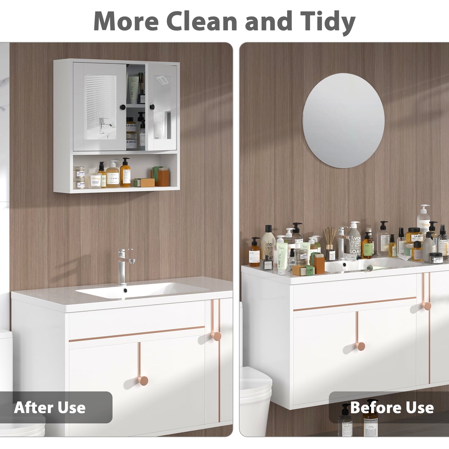 JOZ Wooden Bathroom Wall Cabinet with 2 Mirror Door and 3 Shelves, Kitchen Medicine Cabinet, White