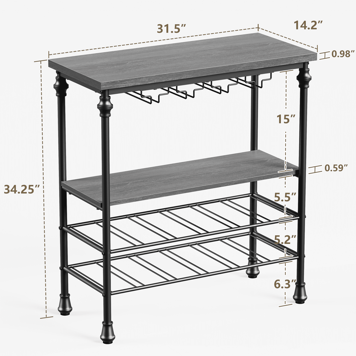 JOZ Freestanding Wine Bar Table: Industrial Wine Bar Cabinet with Floor Wine Rack and Glass Holder, Perfect for Kitchen or Dining Room