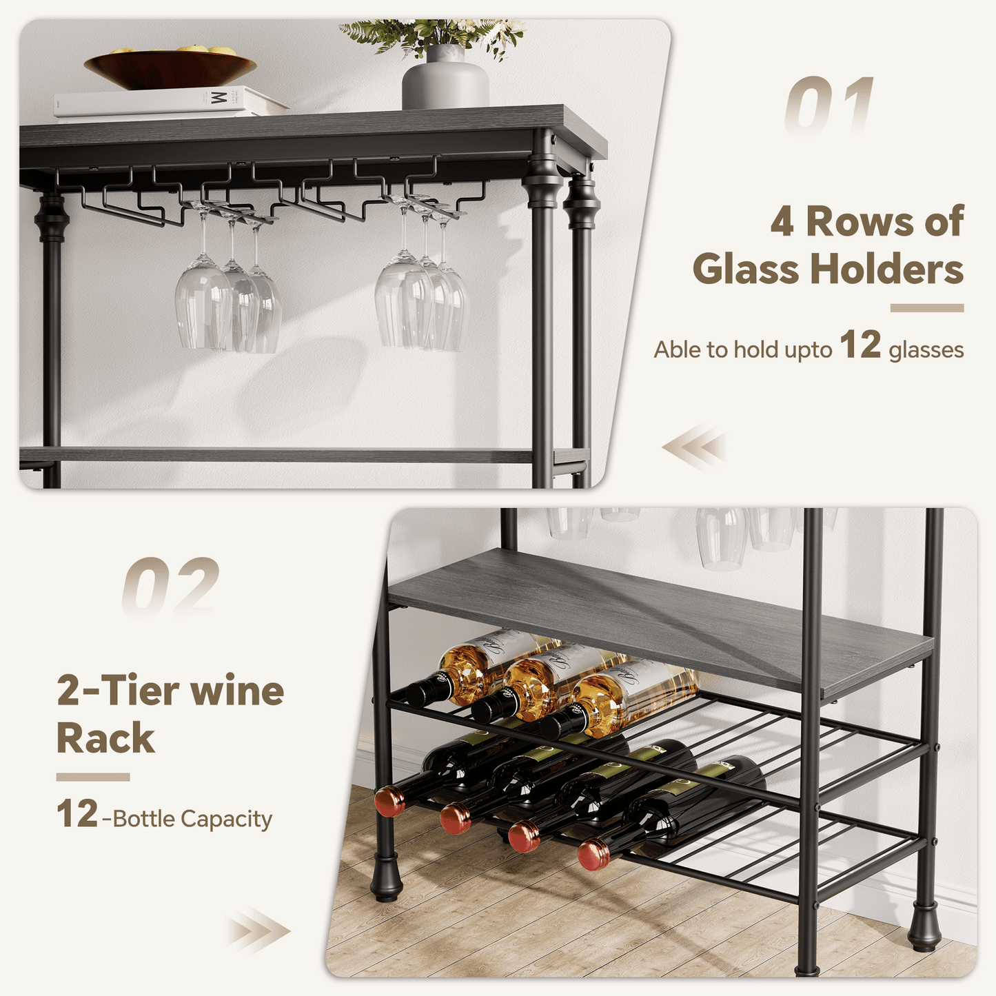 JOZ Freestanding Wine Bar Table: Industrial Wine Bar Cabinet with Floor Wine Rack and Glass Holder, Perfect for Kitchen or Dining Room