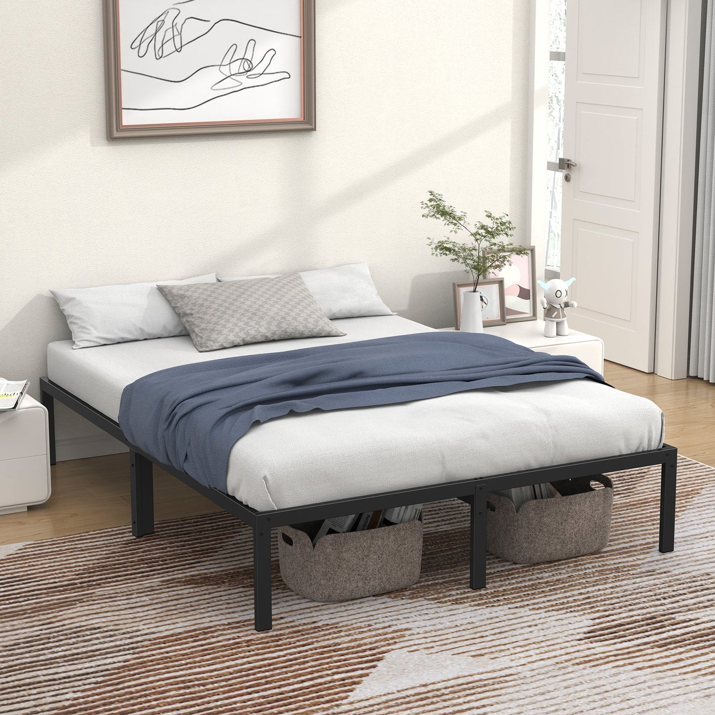 Mr IRONSTONE Queen Bed Frame, Heavy Duty Queen Size Metal Platform Bed Frame, 14" High with Storage, No Box Spring Needed, Black