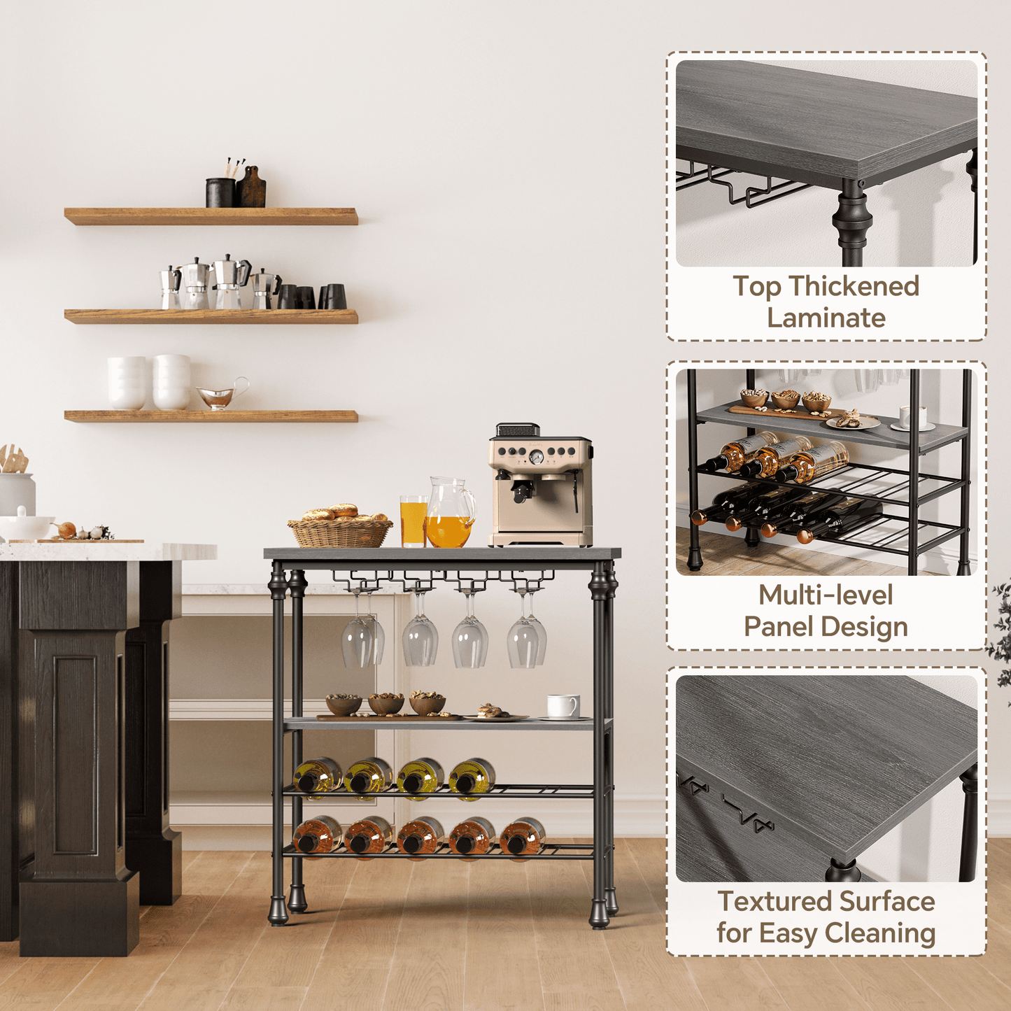 JOZ Freestanding Wine Bar Table: Industrial Wine Bar Cabinet with Floor Wine Rack and Glass Holder, Perfect for Kitchen or Dining Room