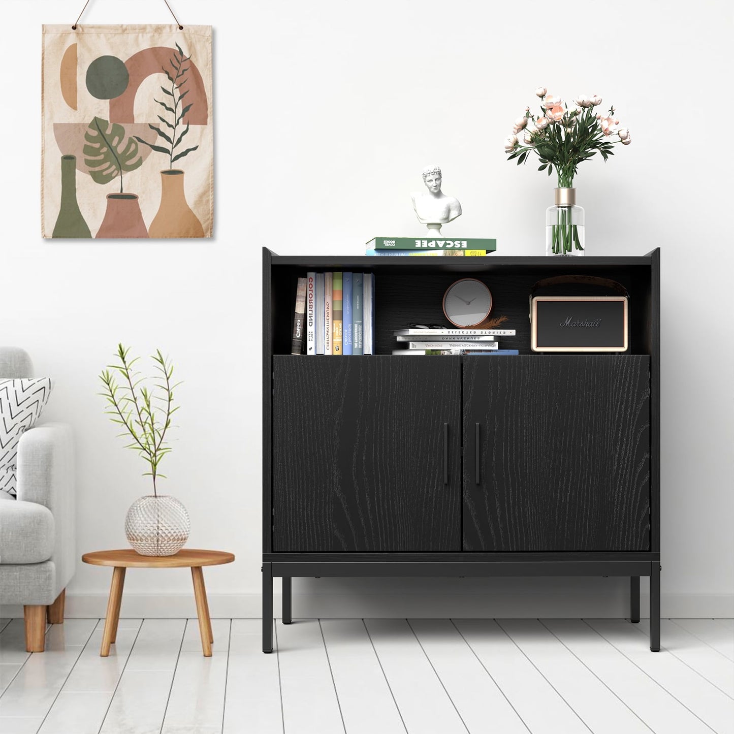 JOZ Modern Black Sideboard Buffet with Ample Storage and Coffee Bar