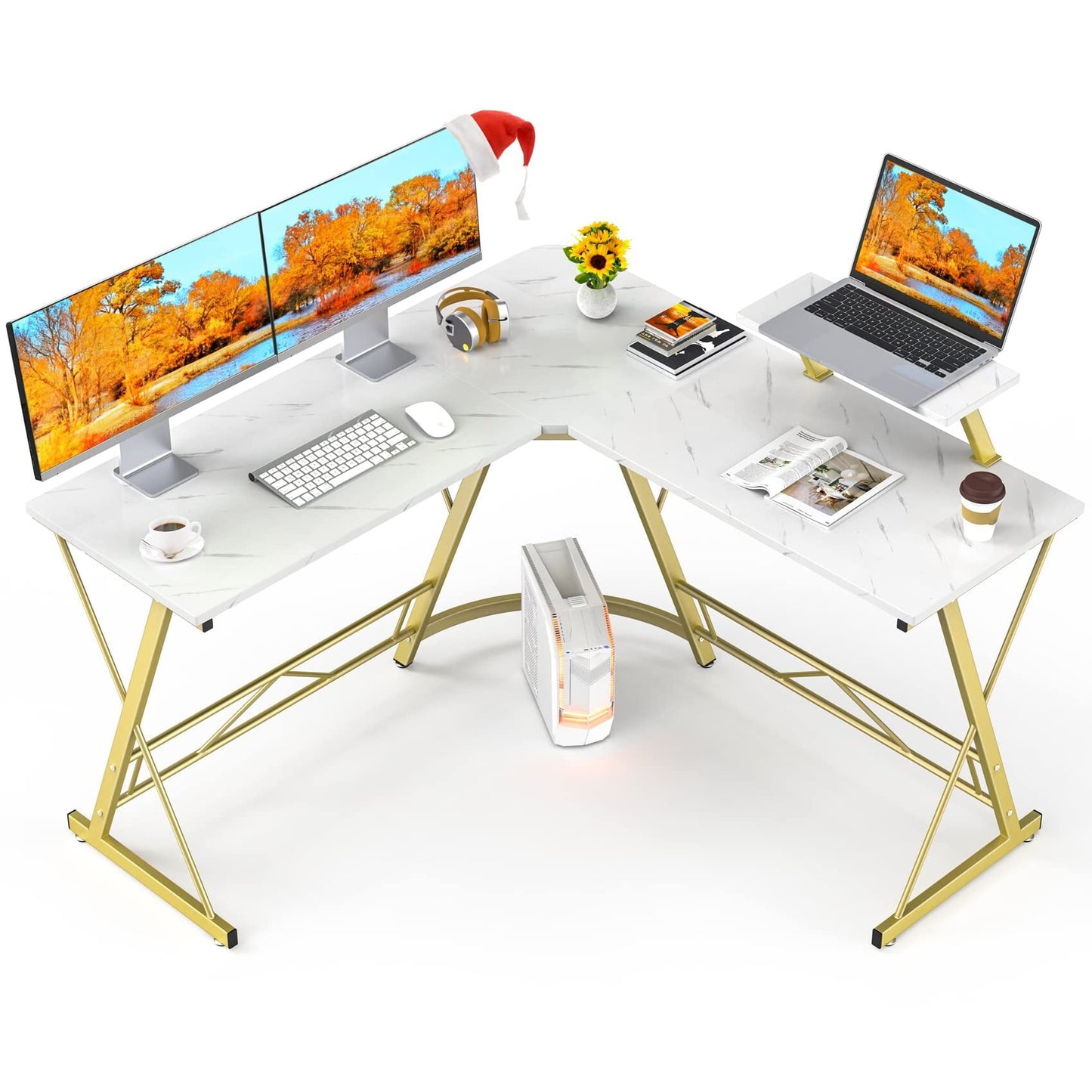 Mr IRONSTONE L-shaped desk, computer corner desk, home gaming desk, office writing workstation with large monitor stand, easy to assemble.
