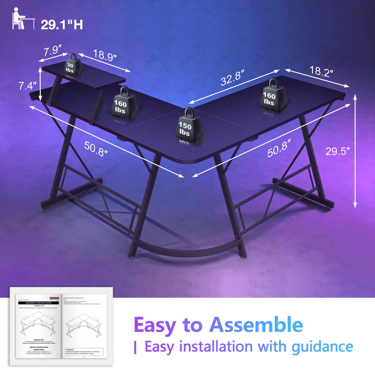 JOZ 51" L Shaped Gaming Desk Corner Computer Desk, Home Office Desks Writing Workstation with Large Monitor Stand, Black