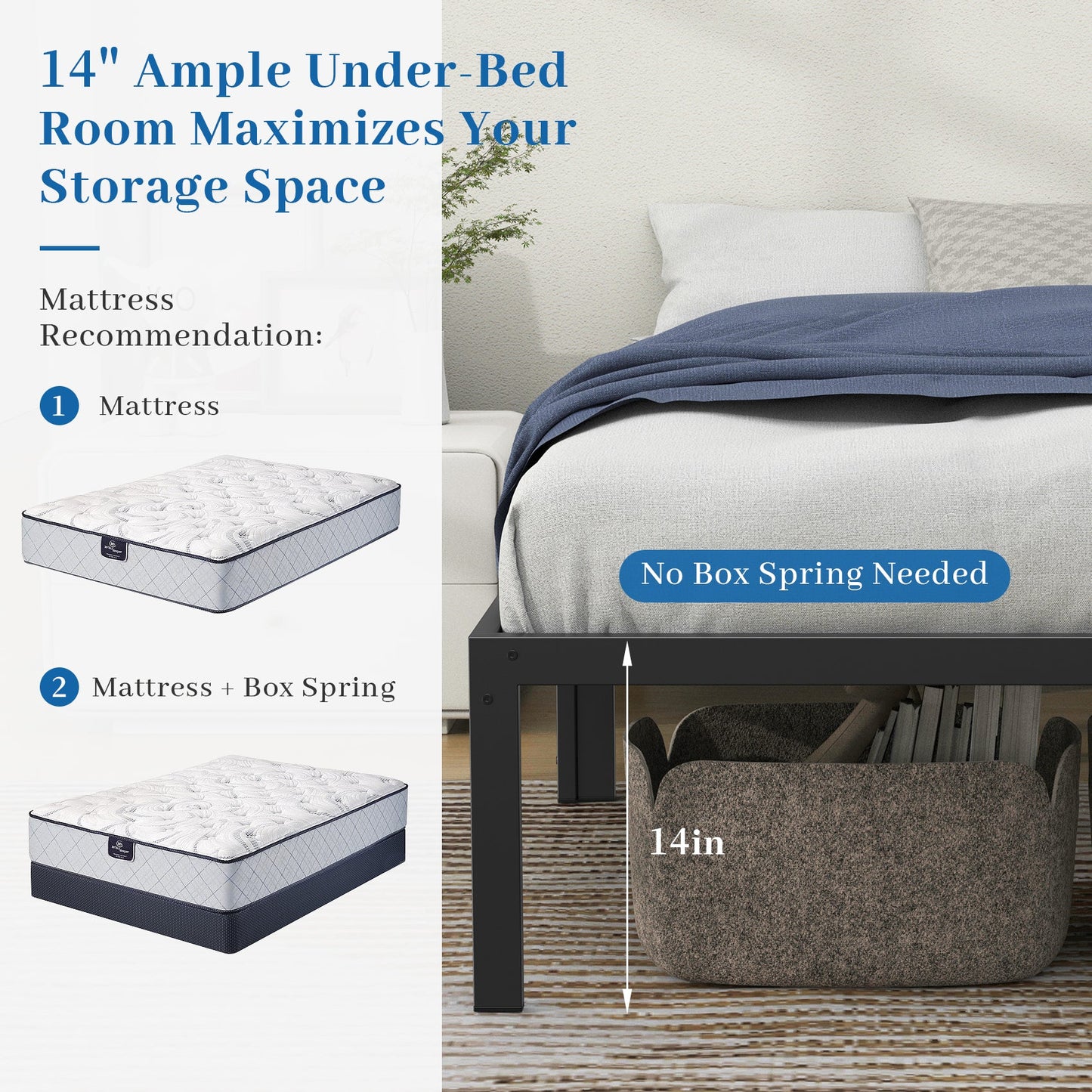 Mr IRONSTONE Queen Bed Frame, Heavy Duty Queen Size Metal Platform Bed Frame, 14" High with Storage, No Box Spring Needed, Black