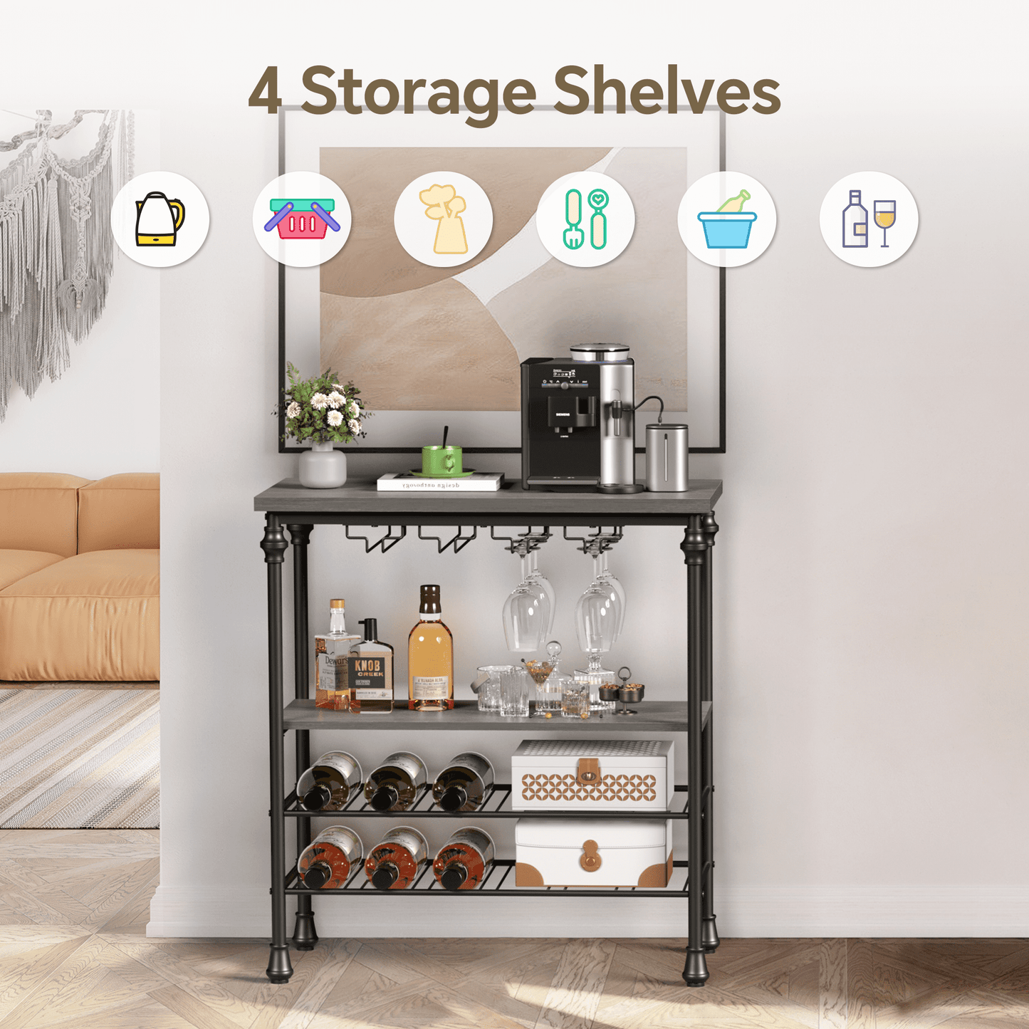 JOZ Freestanding Wine Bar Table: Industrial Wine Bar Cabinet with Floor Wine Rack and Glass Holder, Perfect for Kitchen or Dining Room