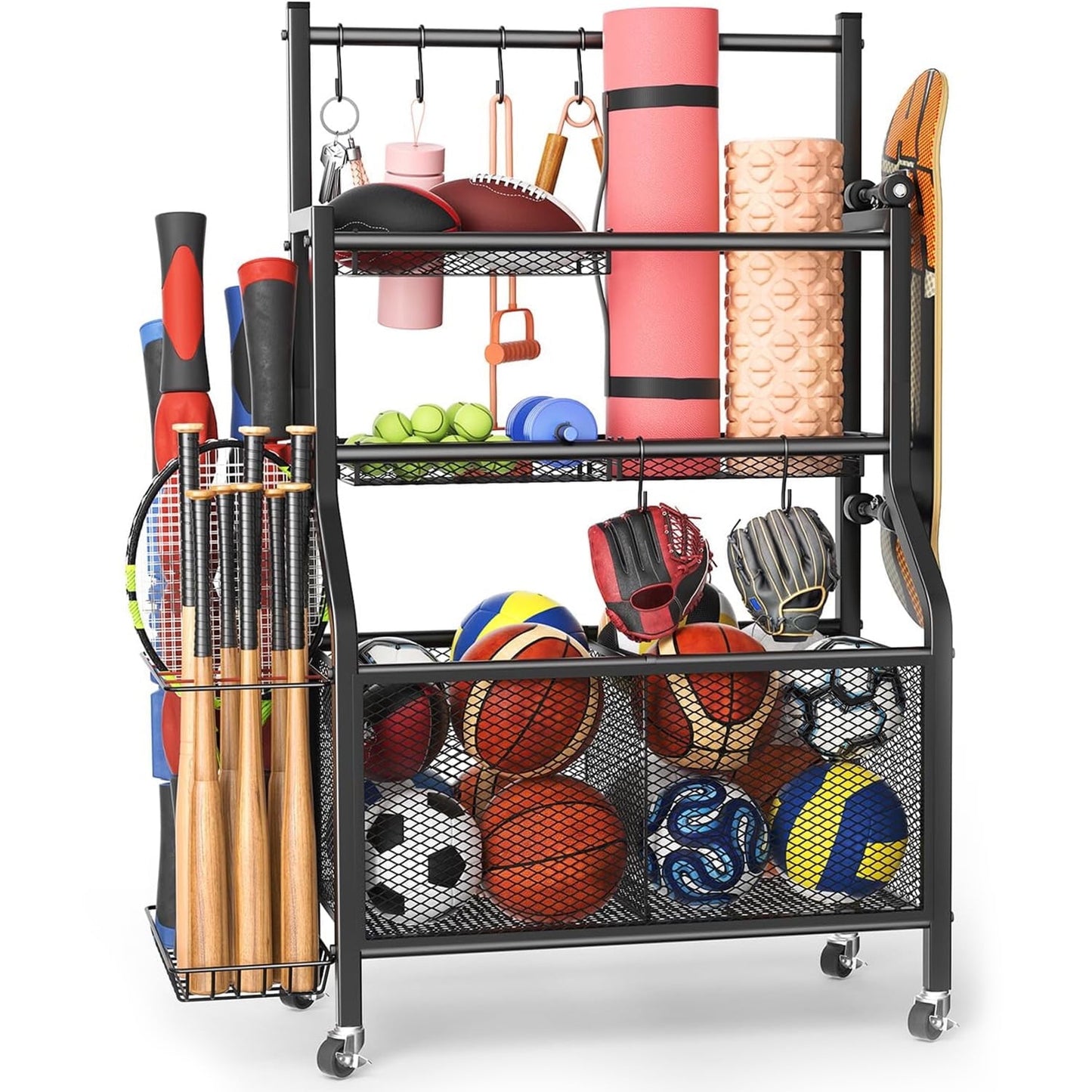 Sports Equipment Organizer Rack, Rolling Ball Storage Cart with Hooks, for Garage and Home