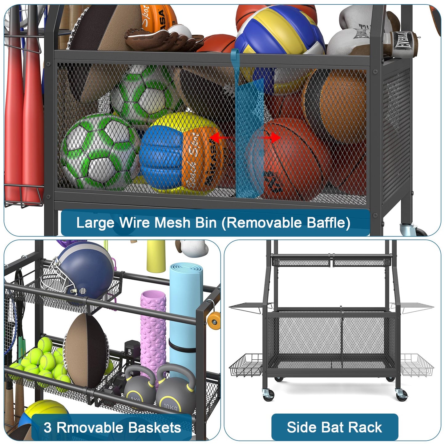 Sports Equipment Organizer Rack, Rolling Ball Storage Cart with Hooks, for Garage and Home