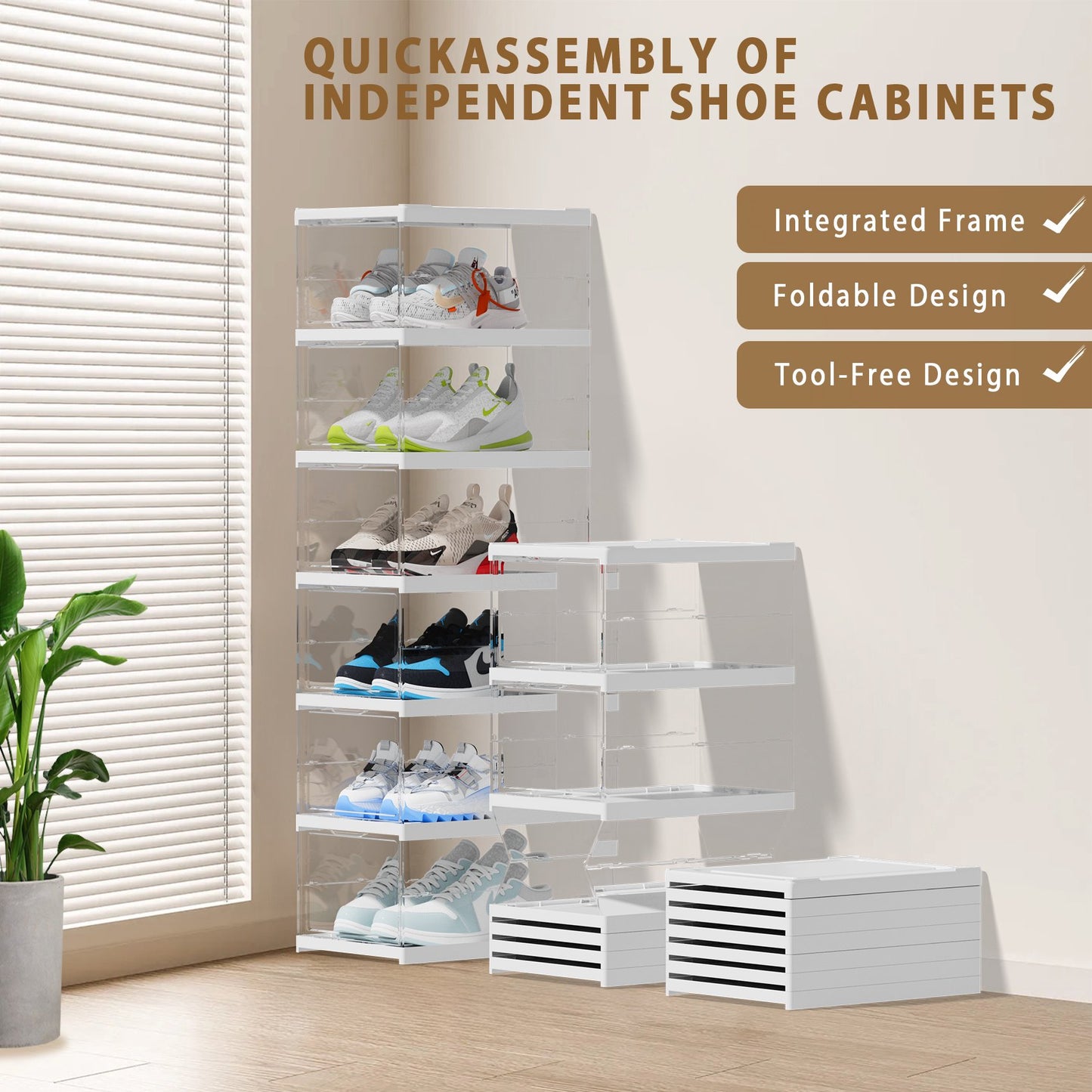 JOZ Flodable Clear Stackable Shoe Box Organizer for Home & Kitchen Storage