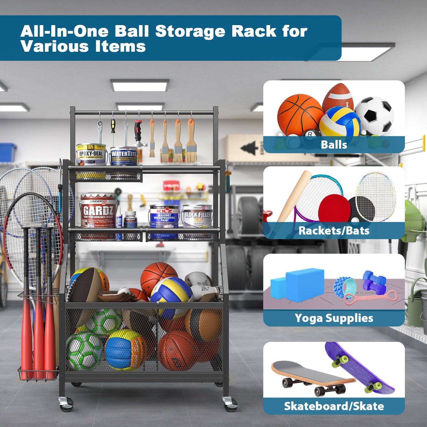 Sports Equipment Organizer Rack, Rolling Ball Storage Cart with Hooks, for Garage and Home