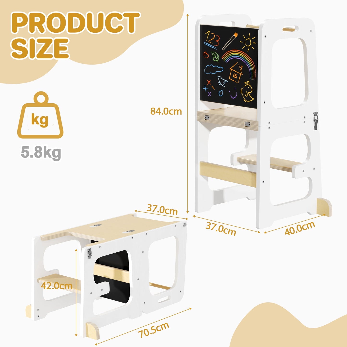 JOZ 3-in-1 Toddler Kitchen Stool Helper – Foldable Kids Standing Tower with Chalkboard and Safety Rail, Wooden Step Stool for Bathroom, Counter, and Learning