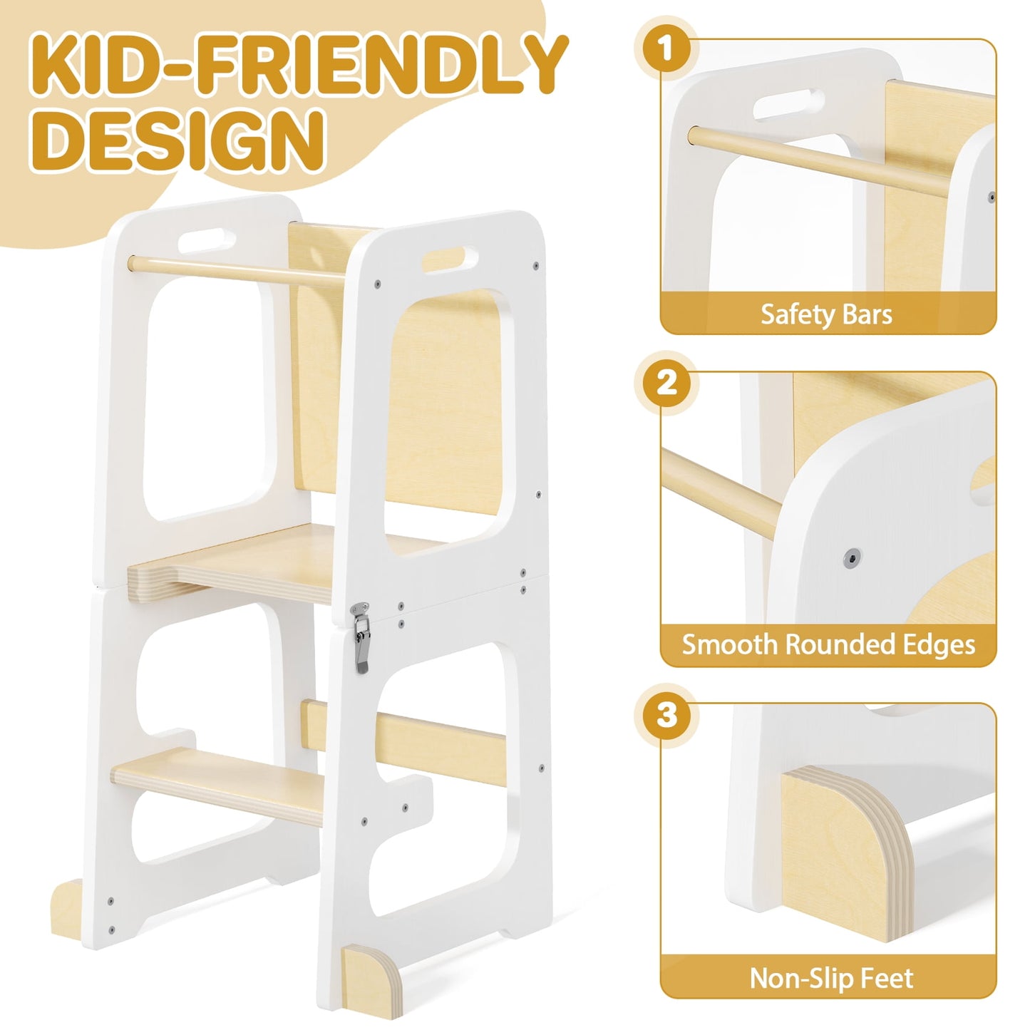 JOZ 3-in-1 Toddler Kitchen Stool Helper – Foldable Kids Standing Tower with Chalkboard and Safety Rail, Wooden Step Stool for Bathroom, Counter, and Learning