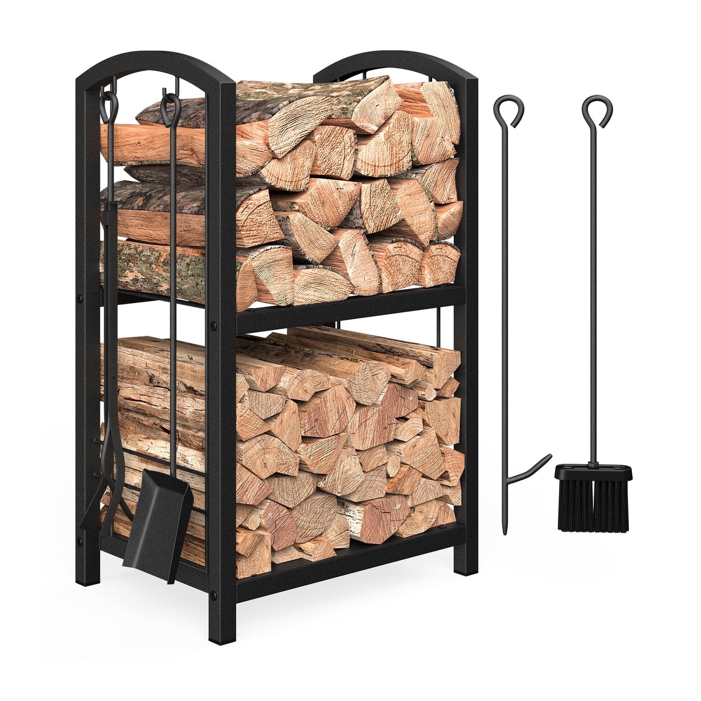 Firewood Rack with Fireplace Tools Set, Fireplace Tool Rack for Indoor Outdoor Fire Log Holder Wrought Iron Large Wood Stove with Firepit Tools, Brush, Shovel, Poker, Tongs, Black