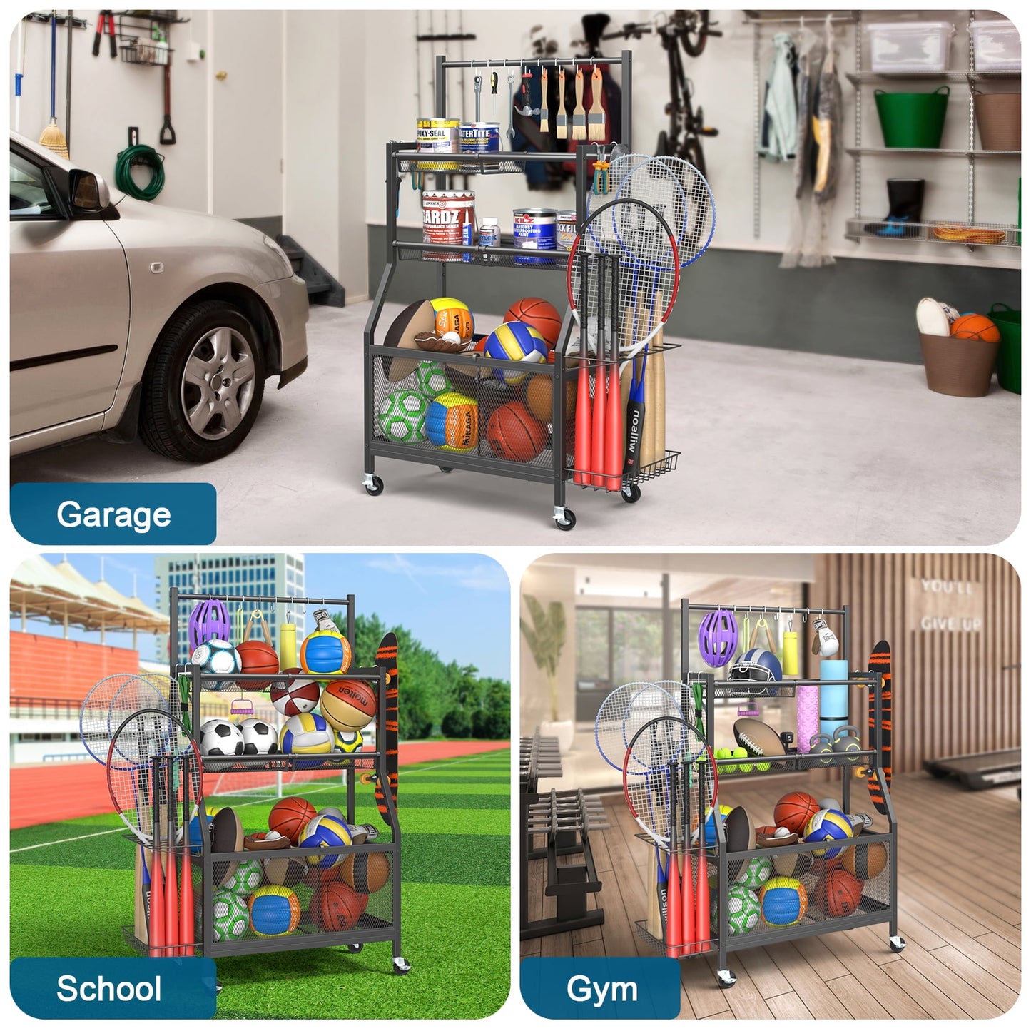 Sports Equipment Organizer Rack, Rolling Ball Storage Cart with Hooks, for Garage and Home