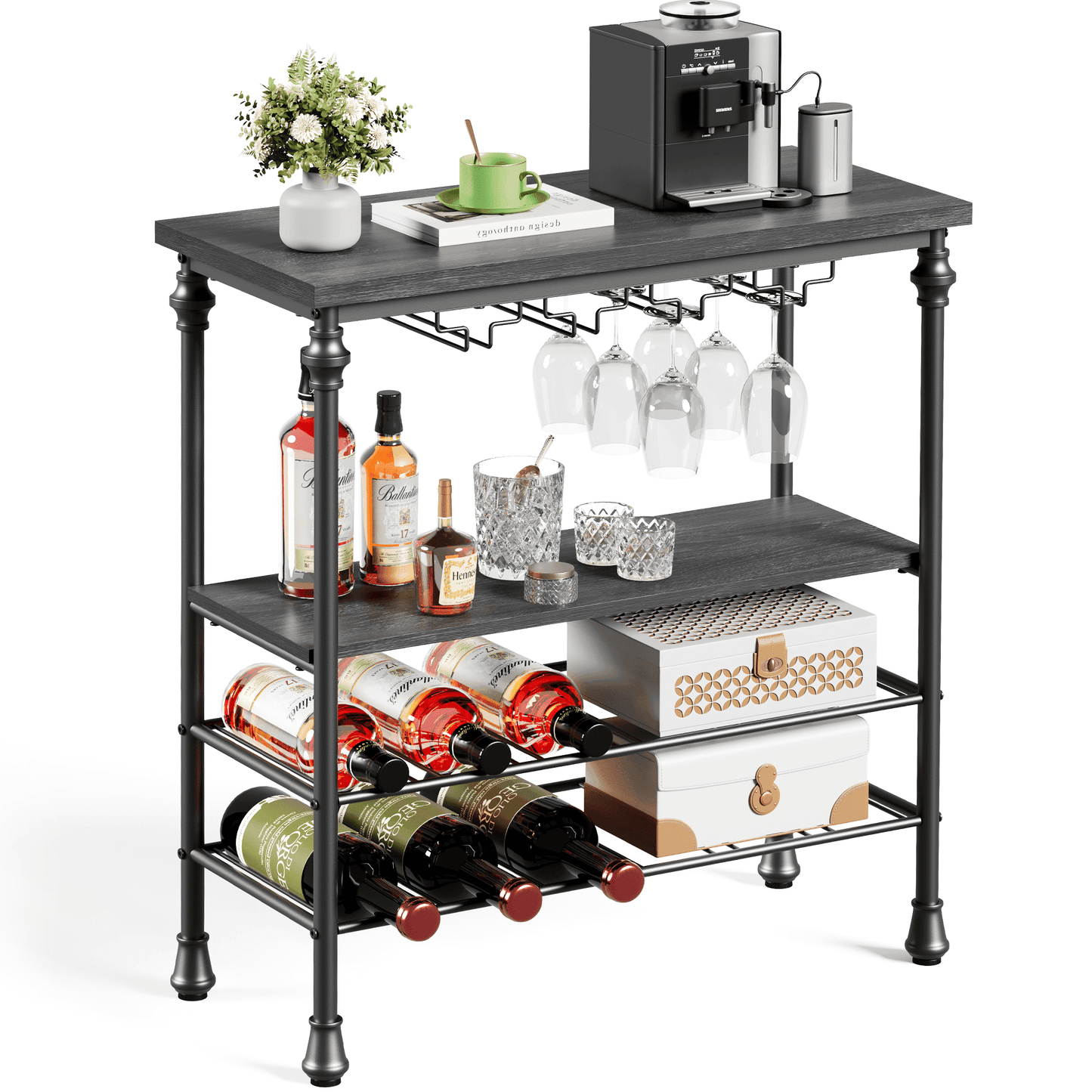 JOZ Freestanding Wine Bar Table: Industrial Wine Bar Cabinet with Floor Wine Rack and Glass Holder, Perfect for Kitchen or Dining Room