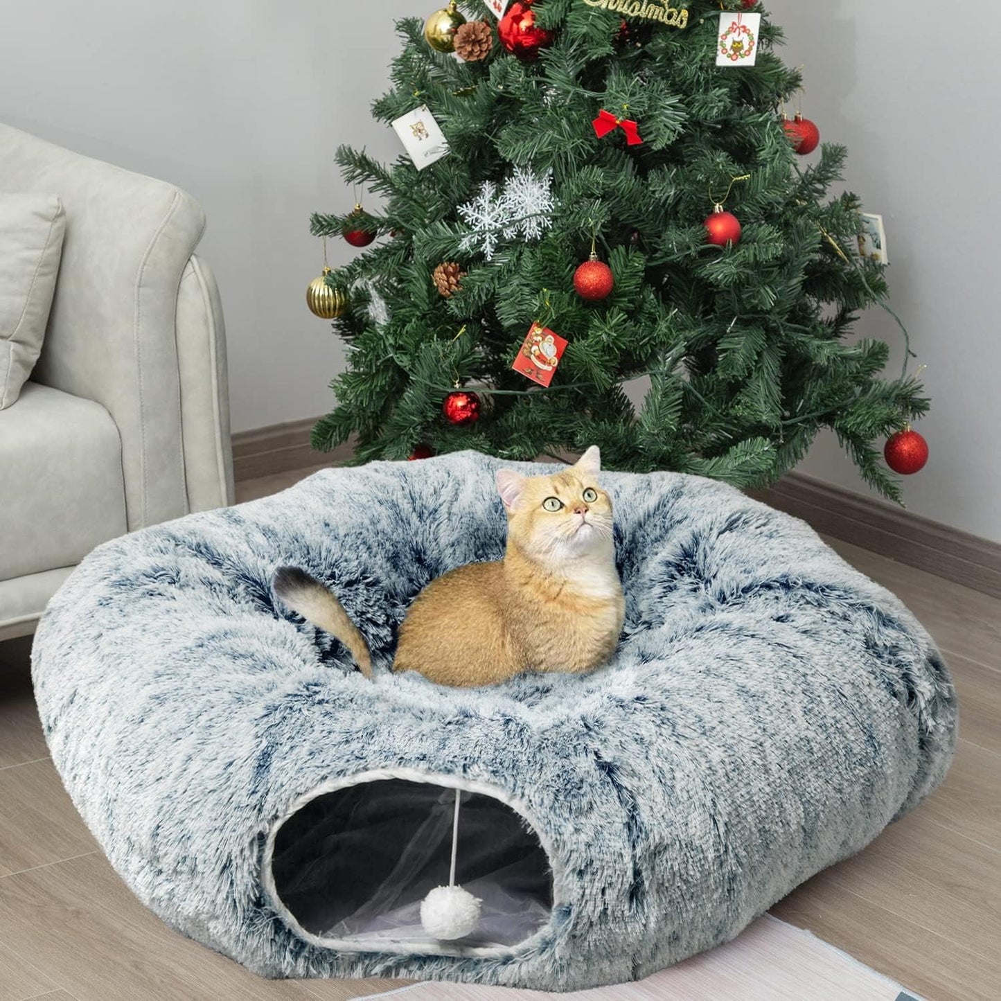 Cat Tunnel with Cat Bed Indoor, Soft Plush Peekaboo Cat Cave Donut Tunnel, Multifunctional Cat Playground Toys Hideplace, Gray