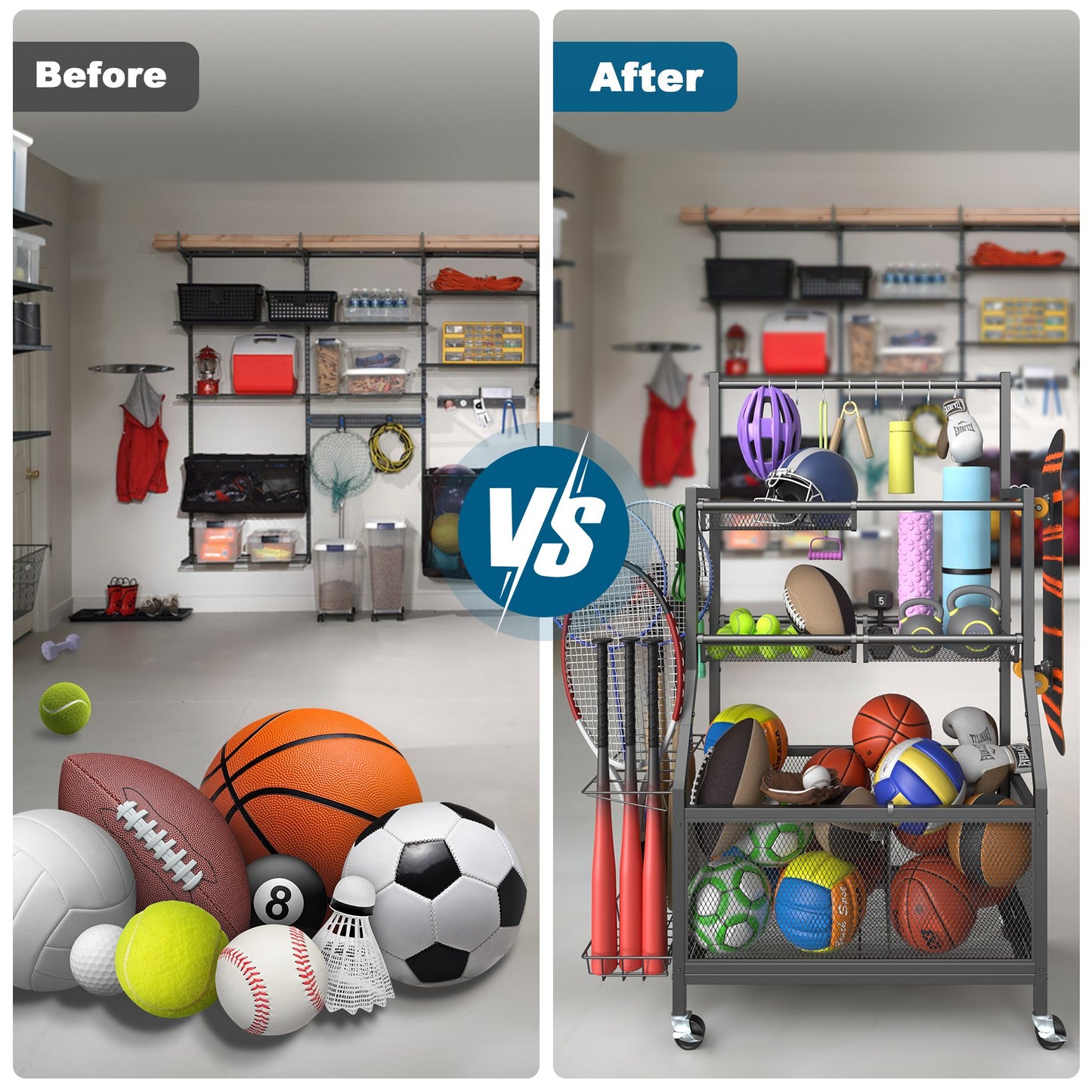 Sports Equipment Organizer Rack, Rolling Ball Storage Cart with Hooks, for Garage and Home