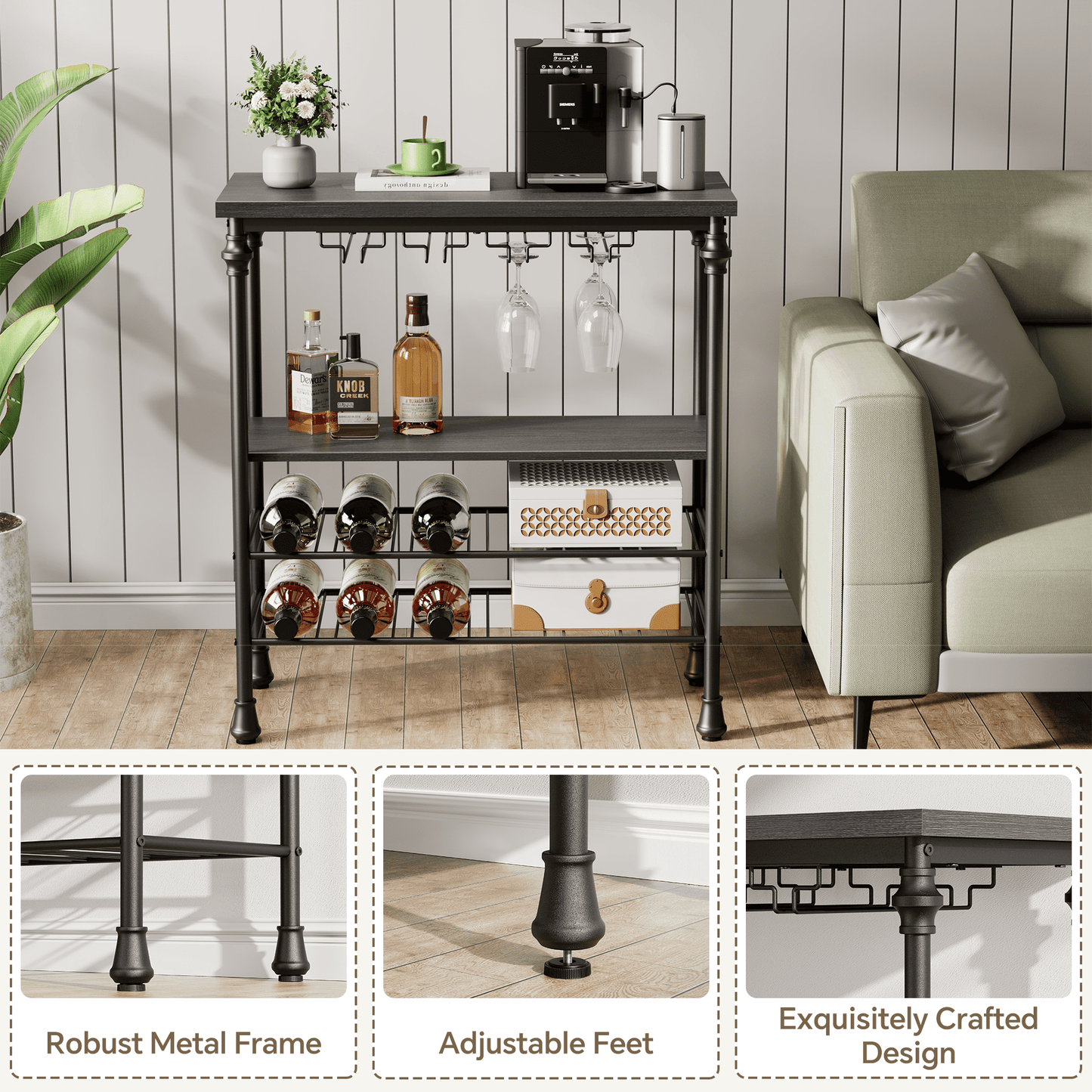 JOZ Freestanding Wine Bar Table: Industrial Wine Bar Cabinet with Floor Wine Rack and Glass Holder, Perfect for Kitchen or Dining Room