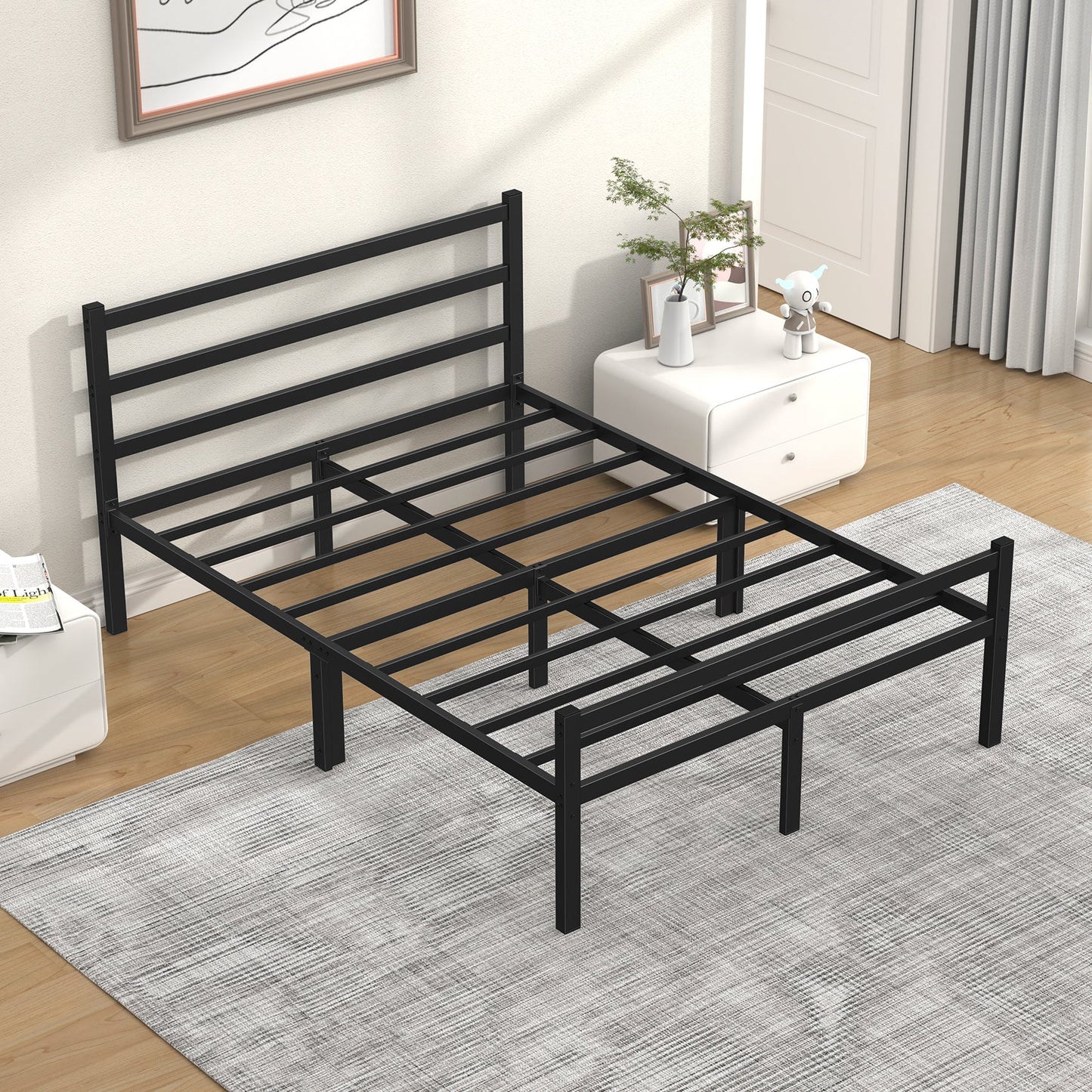 Mr IRONSTONE Full Bed Frame, 14" High Full Size Metal Platform Bed Frame with Headboard and Footboard with Storage, No Box Spring Needed, Black