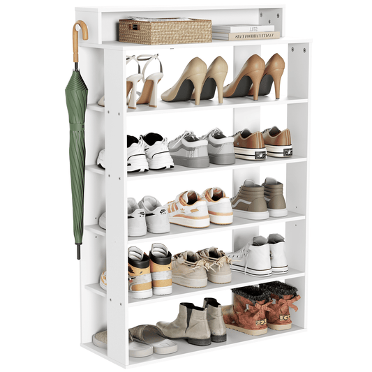 JOZ 5-Tier Wooden Shoe Rack Organizer, with 2-Tier Top Storage Shelves and 2 Side hooks, for Entryway Hallway Living Room, White