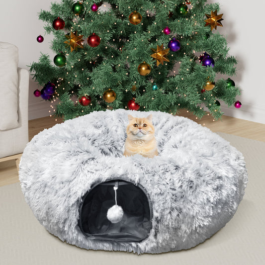 JOZ Cat Tunnel with Cat Bed Indoor, Soft Plush Peekaboo Cat Cave Donut Tunnel, Multifunctional Cat Playground Toys Hideplace, Gray