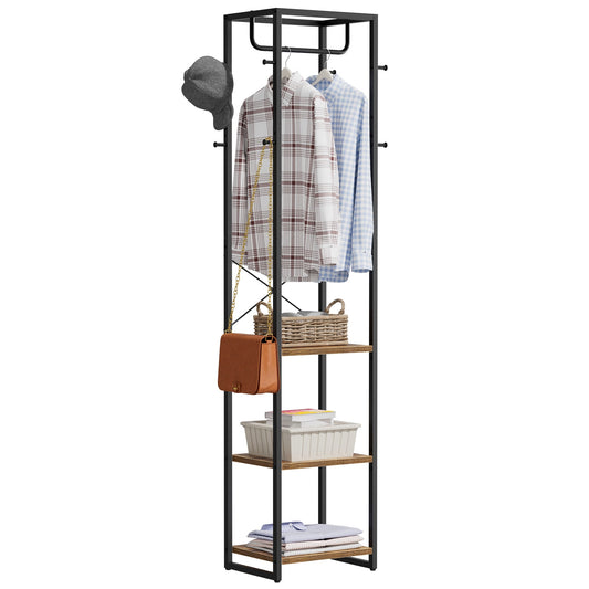 JOZ Coat Rack with Shelves, Freestanding Hall Tree with 3 Shelves and 8 Hooks, Industrial Clothes Stand for Entryway, Hallway, Bedroom, Rustic Brown