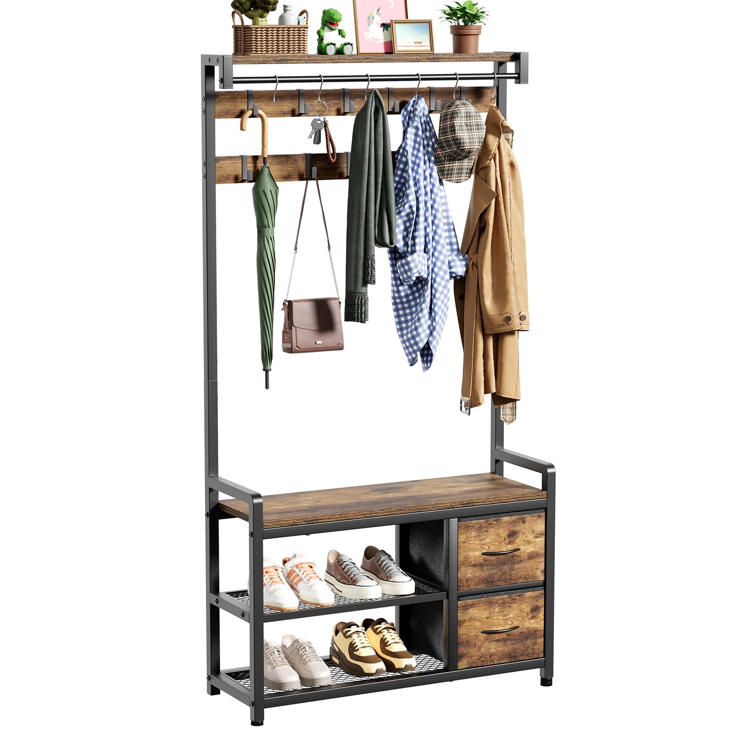 JOZ Entryway Hall Tree with Shoe Bench and Top Shelf, 5-in-1 Coat Rack with Removable 18 Hooks and 2 Drawers, for Hallway or Living Room, Black