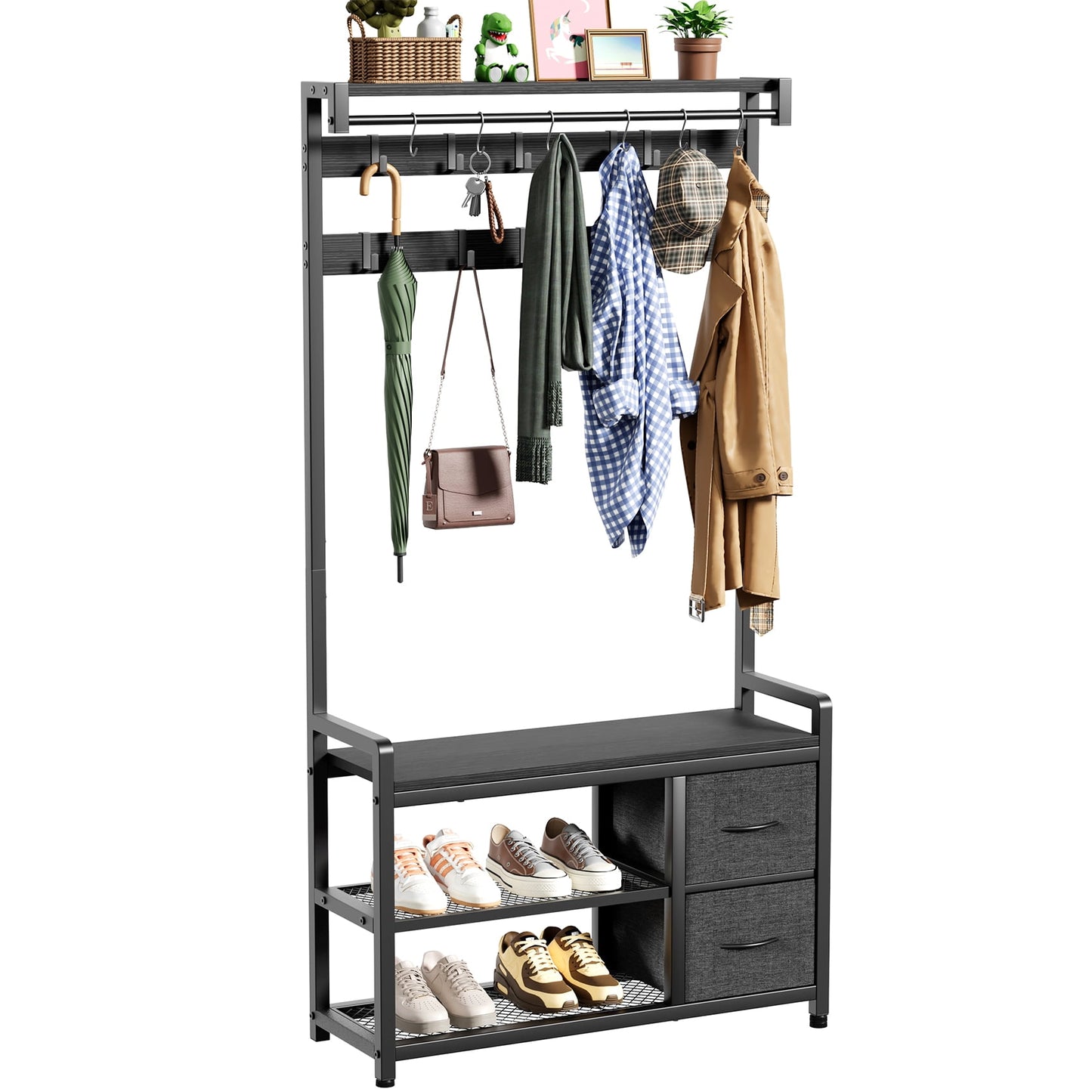 JOZ Entryway Hall Tree with Shoe Bench and Top Shelf, 5-in-1 Coat Rack with Removable 18 Hooks and 2 Drawers, for Hallway or Living Room, Black