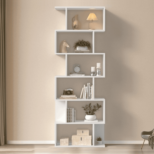 JOZ Geometric Bookcase Wooden Wood S Shape Storage Display Unit Bookcase Bookshelf 6-Tier Storage, 75" H x 27.6" W, White