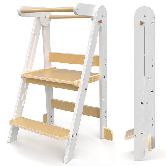 JOZ Kitchen Toddlers Step Stool, Montessori Kids Learning Stool, Foldable Toddler Tower for Counter, Standing Helper for Children, 3 Adjustable Heights, Wooden, White