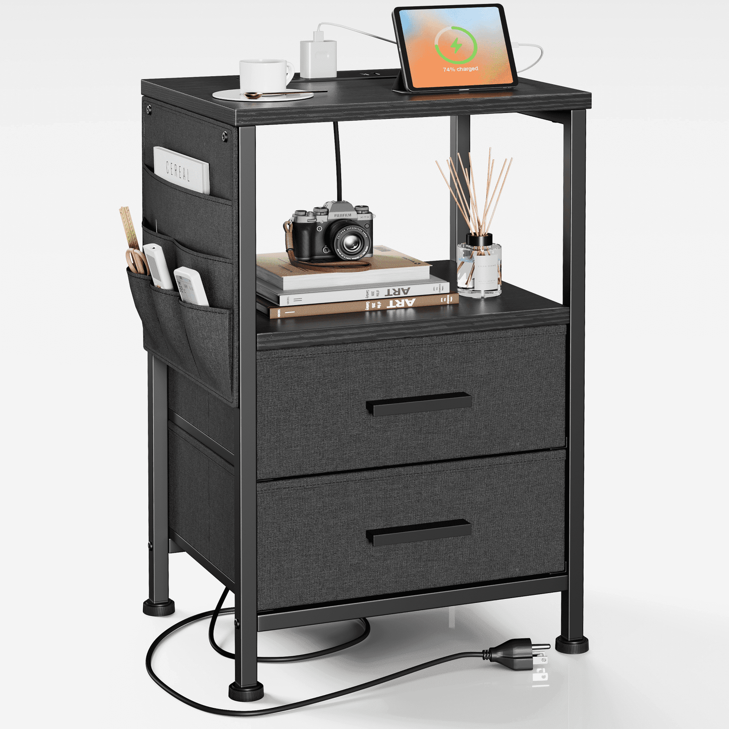 JOZ Nightstand with Charging Station, Rustic Brown, 23.6 x 15.2 x 11.8 Inches