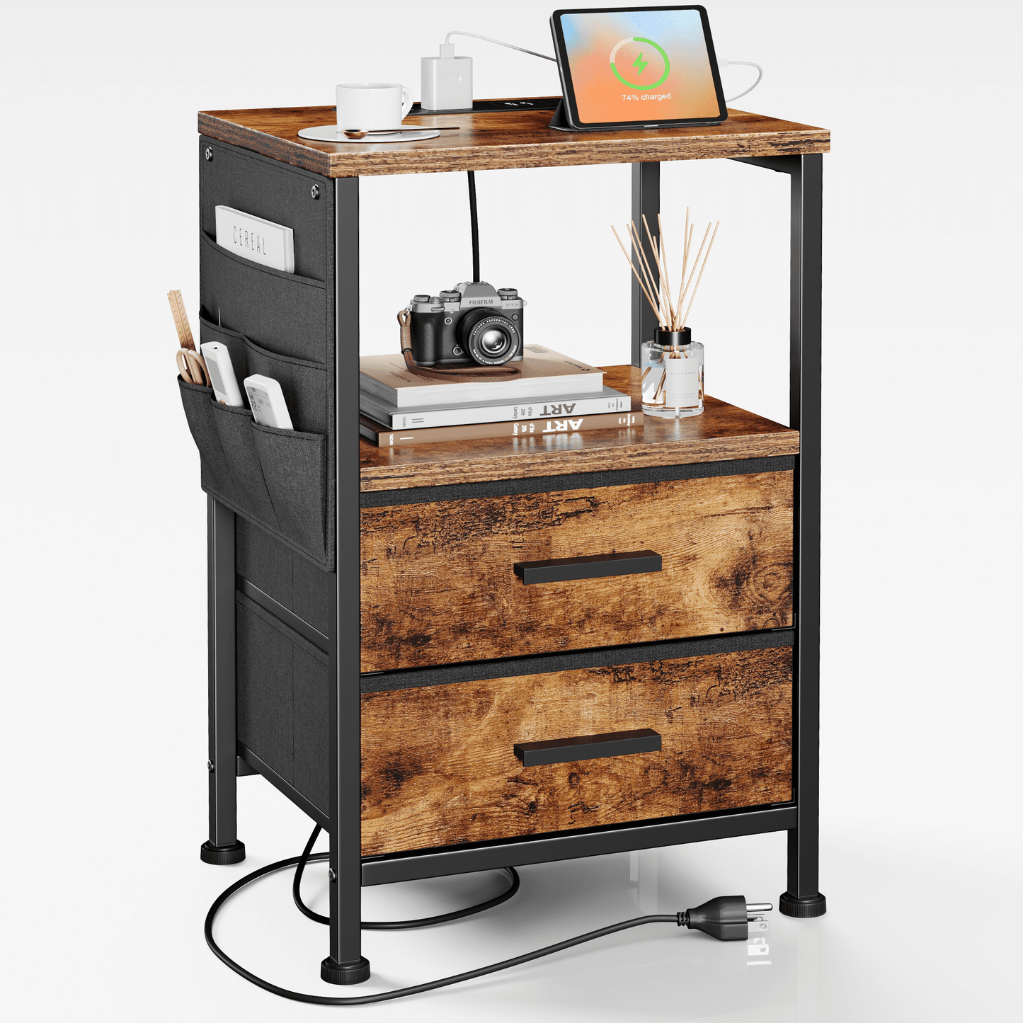 JOZ Nightstand with Charging Station, Rustic Brown, 23.6 x 15.2 x 11.8 Inches