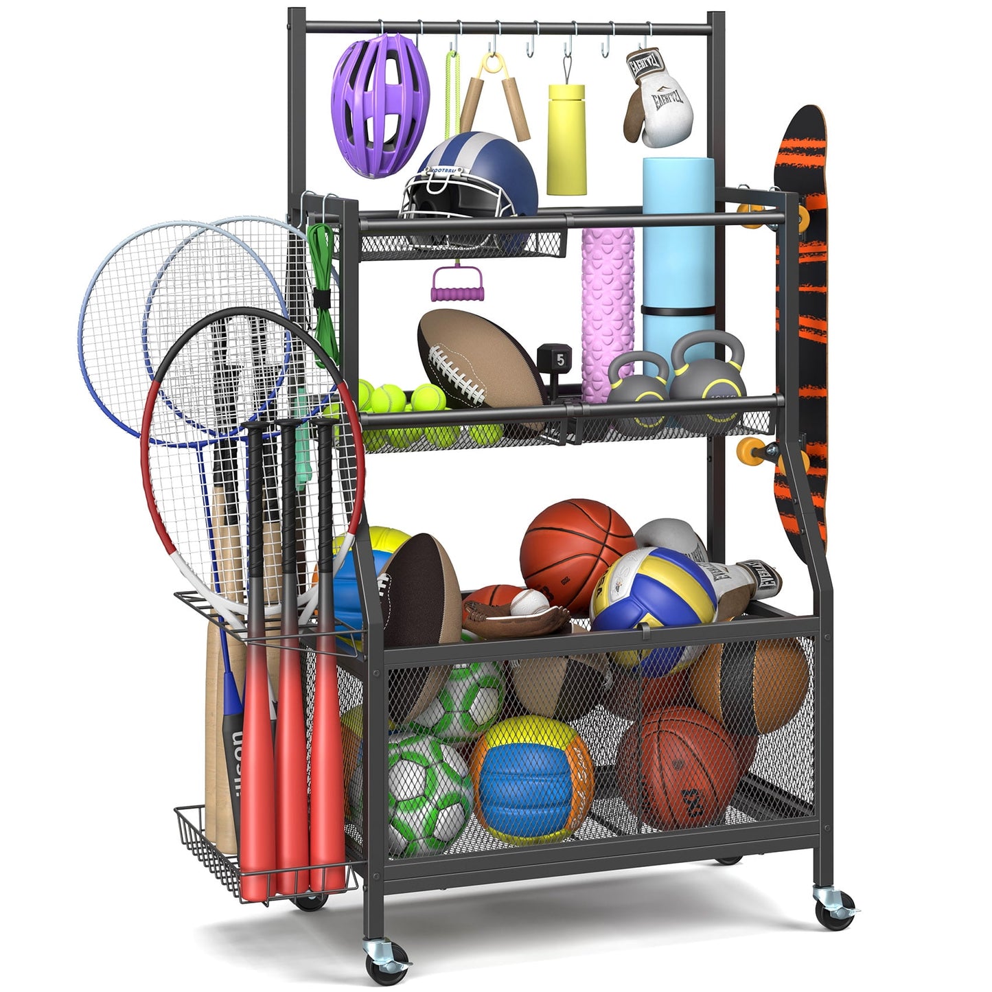 Sports Equipment Organizer Rack, Rolling Ball Storage Cart with Hooks, for Garage and Home